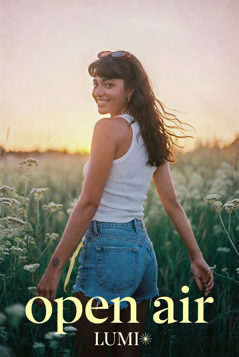 LUMI on the cover of OPEN AIR — sunlit meadow, golden hour