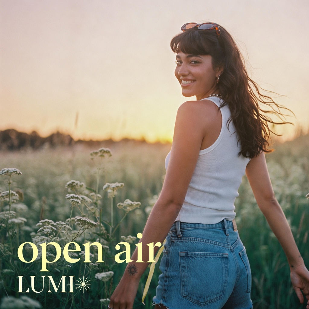 Open Air album cover — LUMI in a wildflower meadow at golden hour